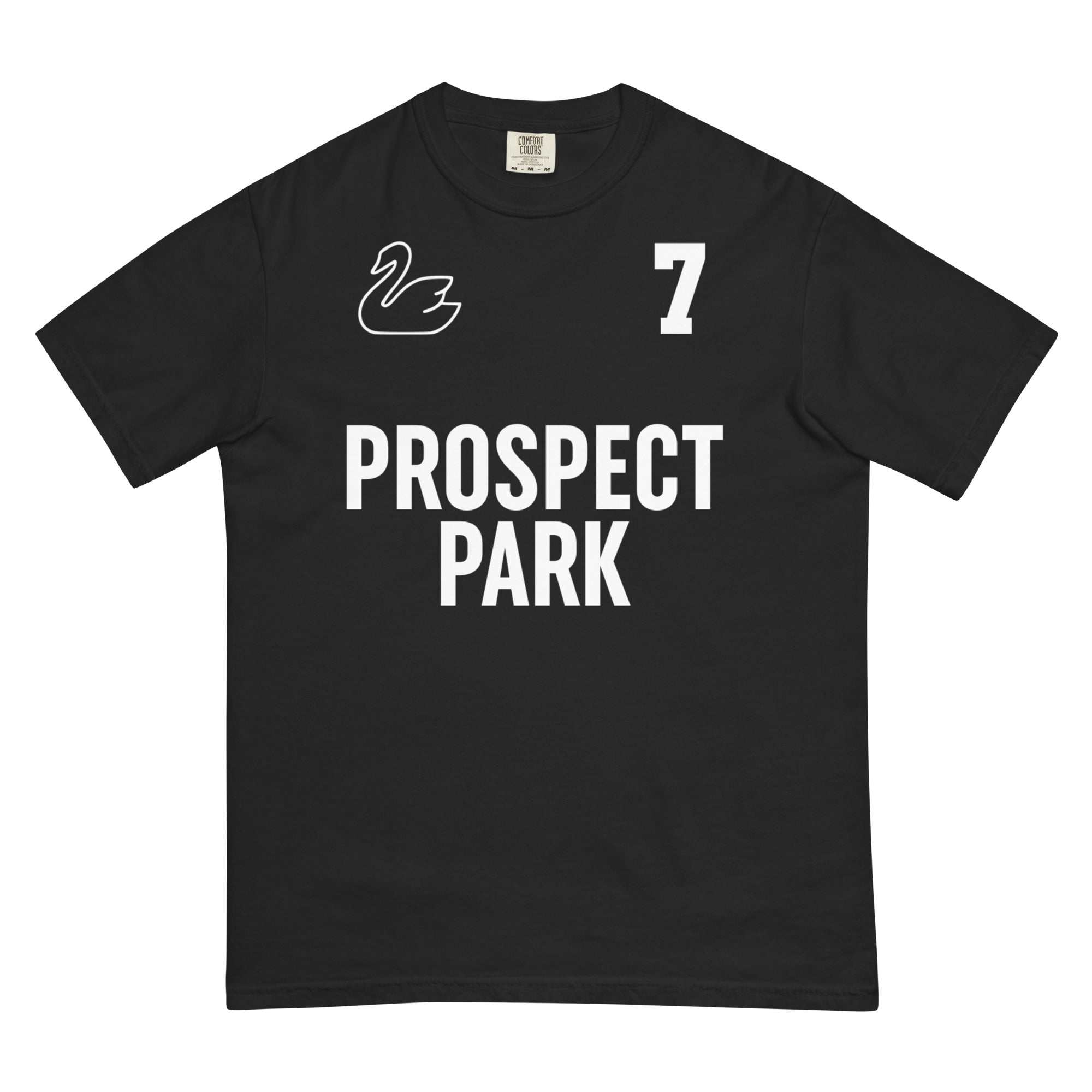 Black PROSPECT PARK heavyweight t-shirt with white swan graphic, number 7, and bold text design