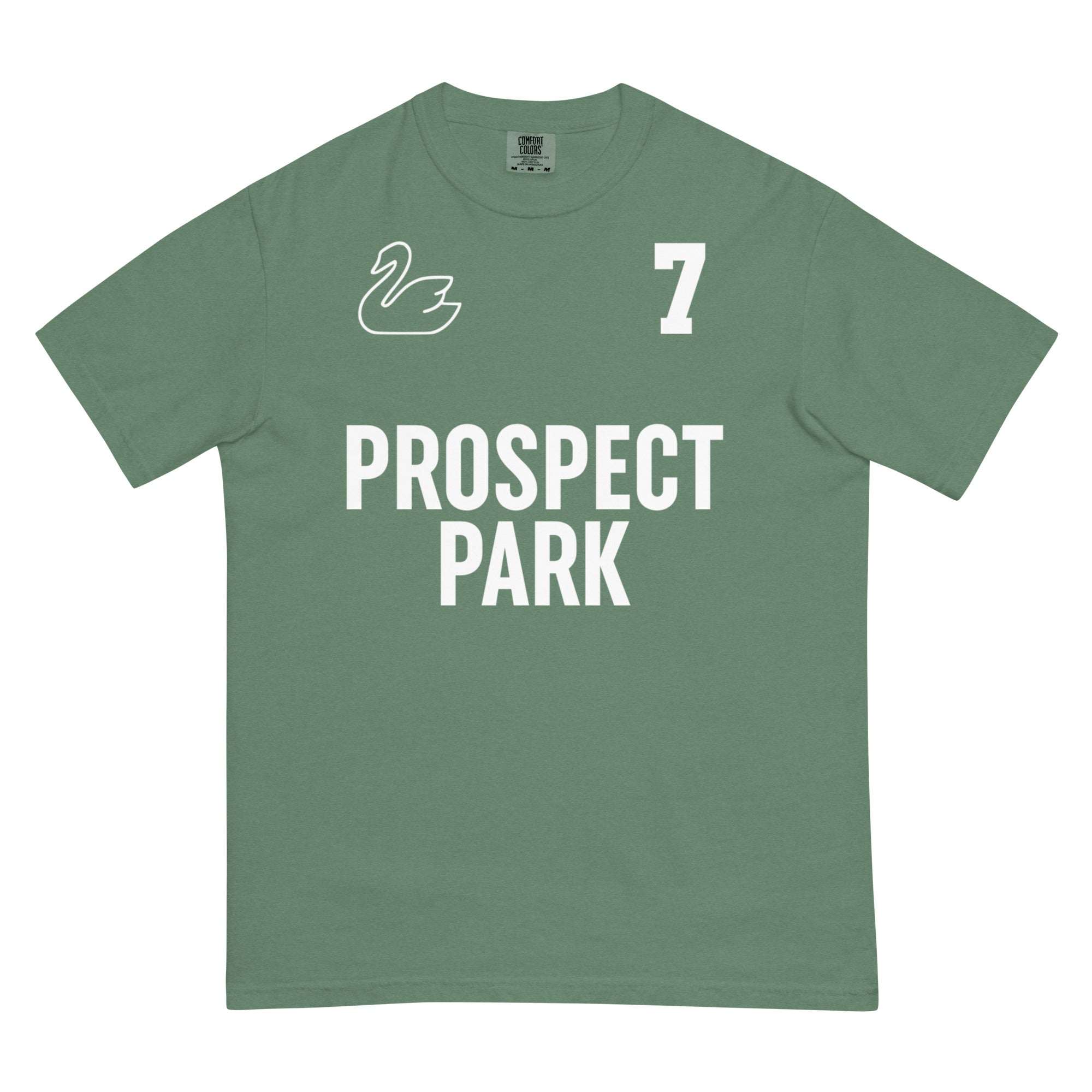 Green PROSPECT PARK heavyweight cotton t-shirt with white swan logo and number 7 print