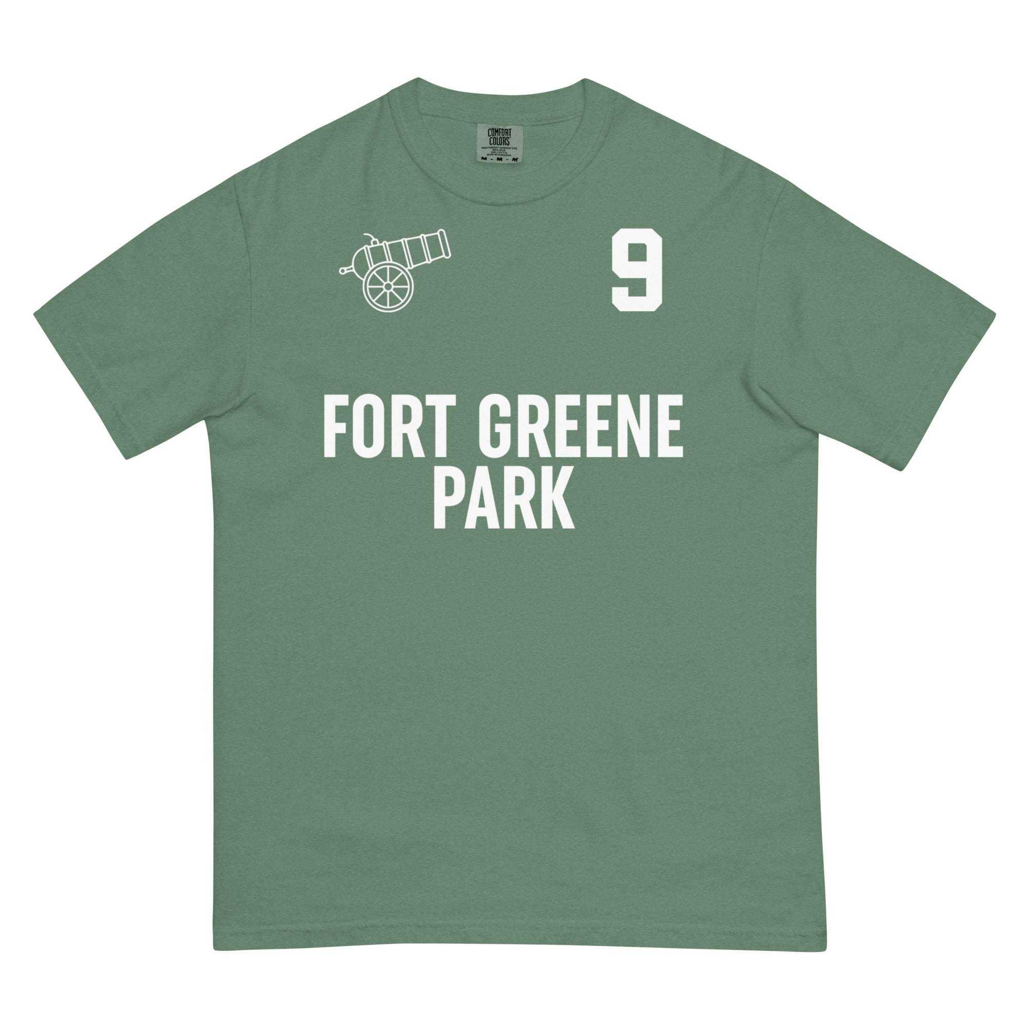 Green heavyweight t-shirt with Fort Greene Park text, white cannon graphic, and number 9, made of soft breathable cotton