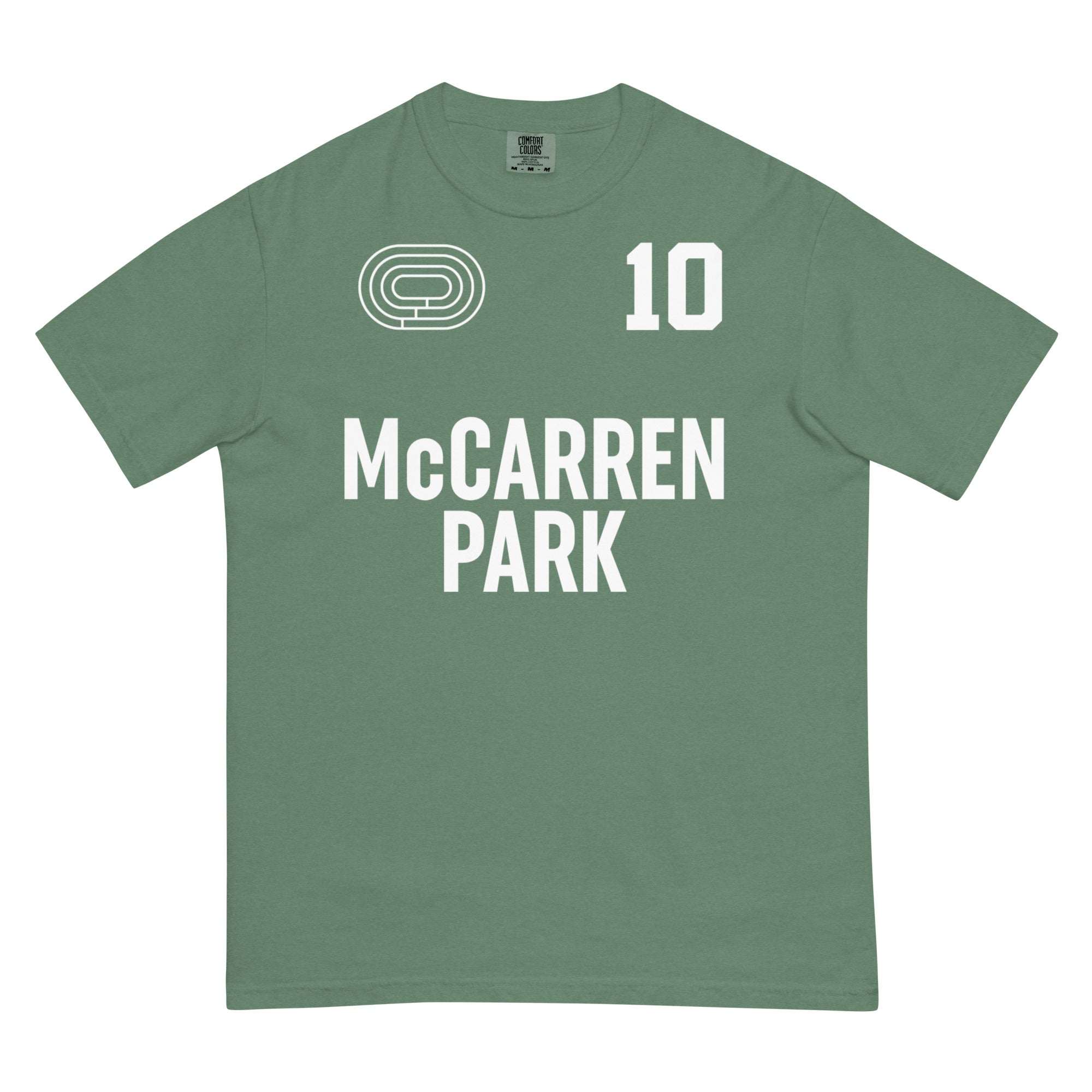 Green heavyweight McCARREN PARK t-shirt with white printed text and vintage style, made from 100% ring-spun cotton.
