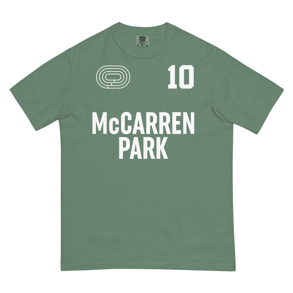 Green heavyweight McCARREN PARK t-shirt with white printed text and vintage style, made from 100% ring-spun cotton.
