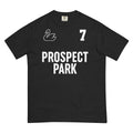 Black PROSPECT PARK heavyweight t-shirt with white swan graphic, number 7, and bold text design