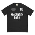 Black McCARREN PARK heavyweight cotton t-shirt with white text and race track graphic.