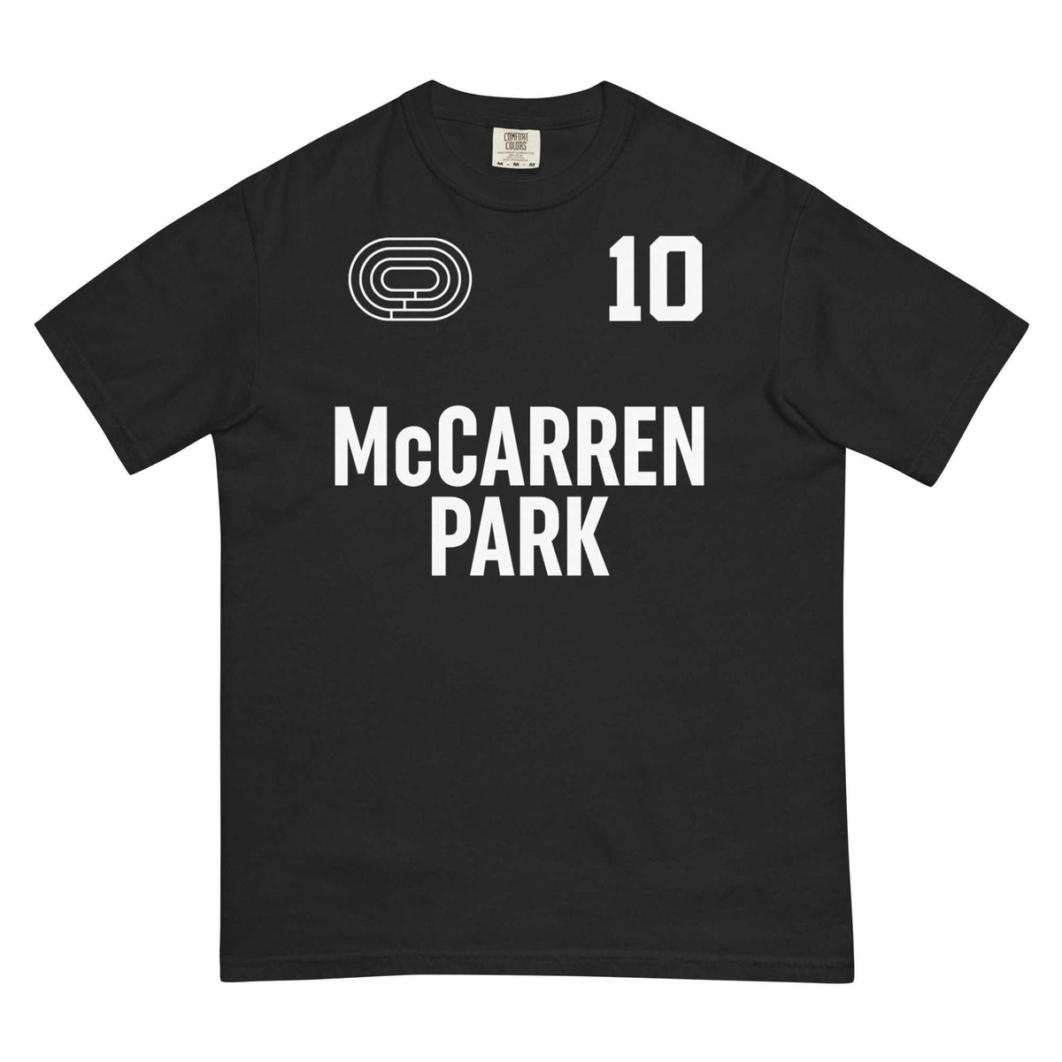 Black McCARREN PARK heavyweight cotton t-shirt with white text and race track graphic.