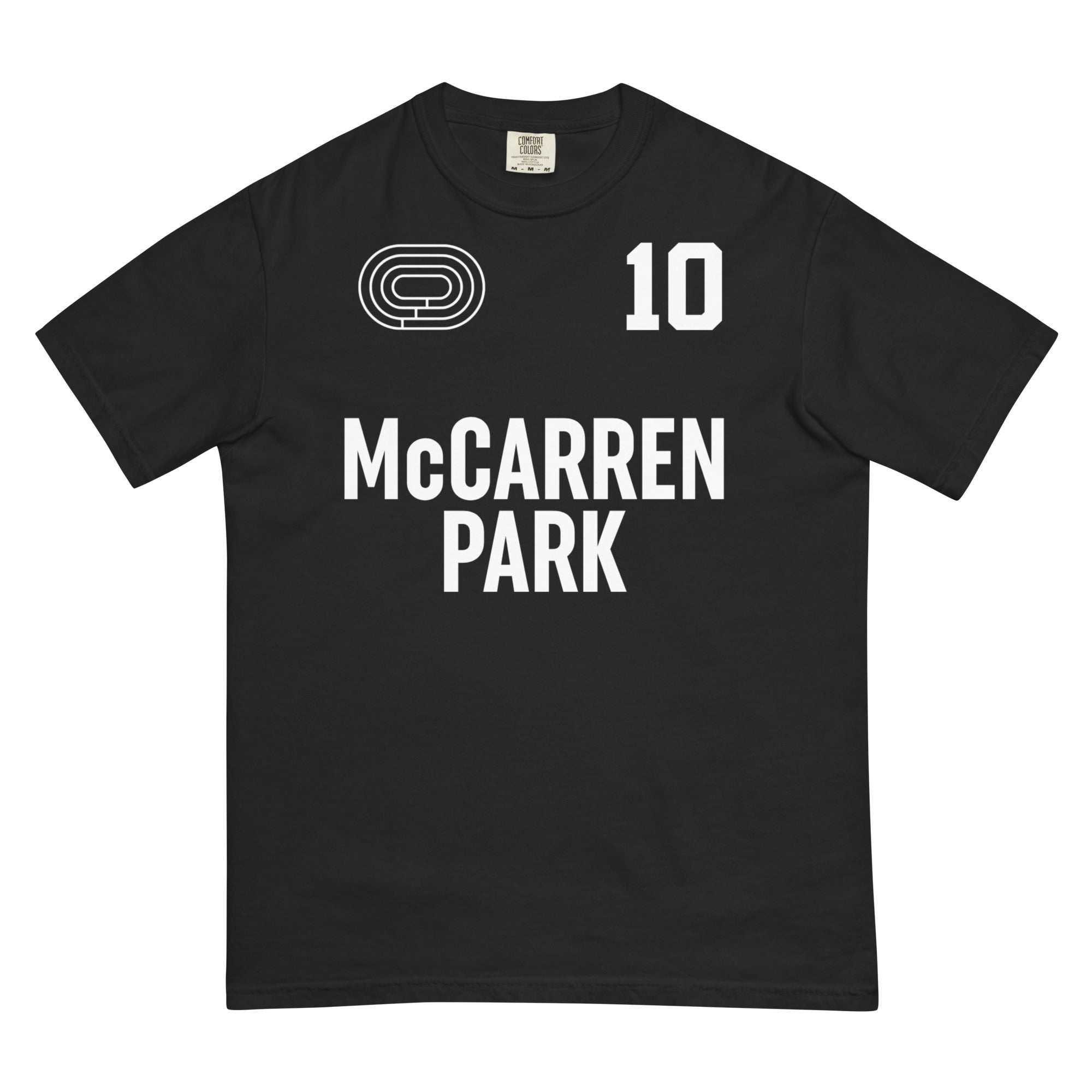 Black McCARREN PARK heavyweight cotton t-shirt with white text and race track graphic.